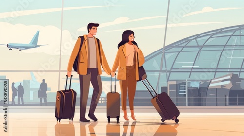 Portrait of elegant happy couple man and woman standing together on the territory of the airport AI