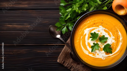Pumpkin and carrot soup with cream and parsley on dark wooden background Top view Copy space, AI Generative