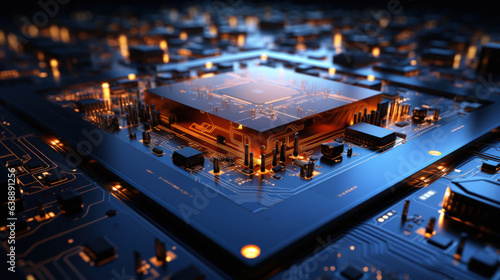 High-end computer circuitry. Show digital connections and network lines intertwined with processors and motherboard components