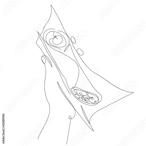 Sicilian cannolo in the hand. Black and white line drawing. Line art, continuous line, sketch. Minimalistic modern print design. Italian pastry, sweet dessert. Traditional local food