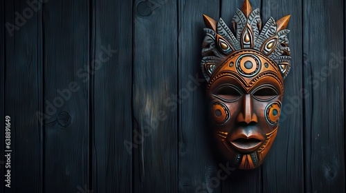 A striking photograph features a tribal mask set against a textured wooden background, part of a marketing campaign targeting customers interested in unique, global decor. Generative AI