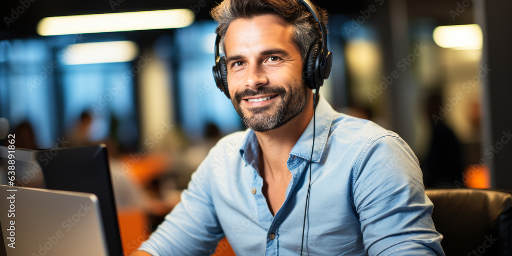 Male Call Center Operator Working at Desk with Headset, Smiling Male Call Center Operator Working at Desk with Headset, Smiling