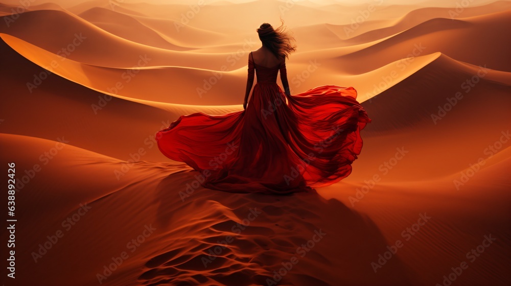 beautiful woman in a long red dress stands in the middle of a desert landscape with high sand dunes beautiful woman in a long red dress stands in the middle of a desert landscape with high sand dunes