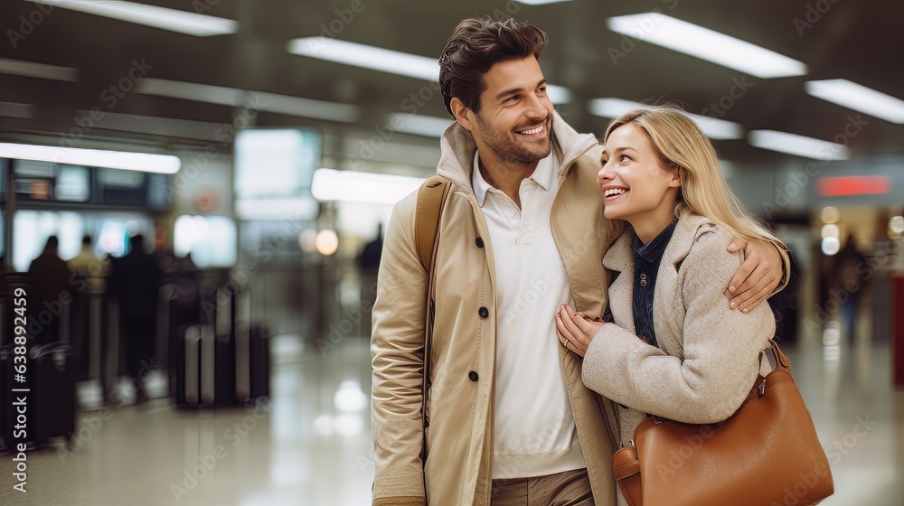 Portrait of elegant happy couple man and woman standing together on the territory of the airport AI Portrait of elegant happy couple man and woman standing together on the territory of the airport AI