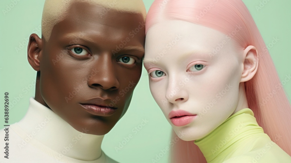 A couple of lovers bowed their heads to each other. Trendy pastel pink, light yellow, light green color on valentine's day composition, minimalist style A couple of lovers bowed their heads to each other. Trendy pastel pink, light yellow, light green color on valentine's day composition, minimalist style