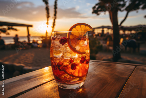 Romantic outdoor scene: glas of red wine at sea beach sunset