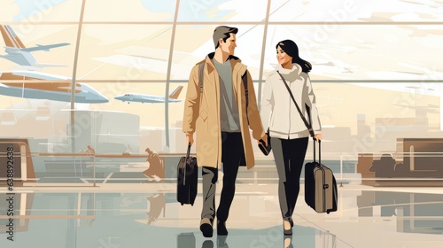 Portrait of elegant happy couple man and woman standing together on the territory of the airport AI