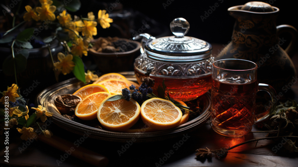 Teapot and Teacups on black background, copy space. Traditional Asian Tea Set - iron teapot and ceramic teacups with green tea and tea leaves. Teapot and Teacups on black background, copy space. Traditional Asian Tea Set - iron teapot and ceramic teacups with green tea and tea leaves.