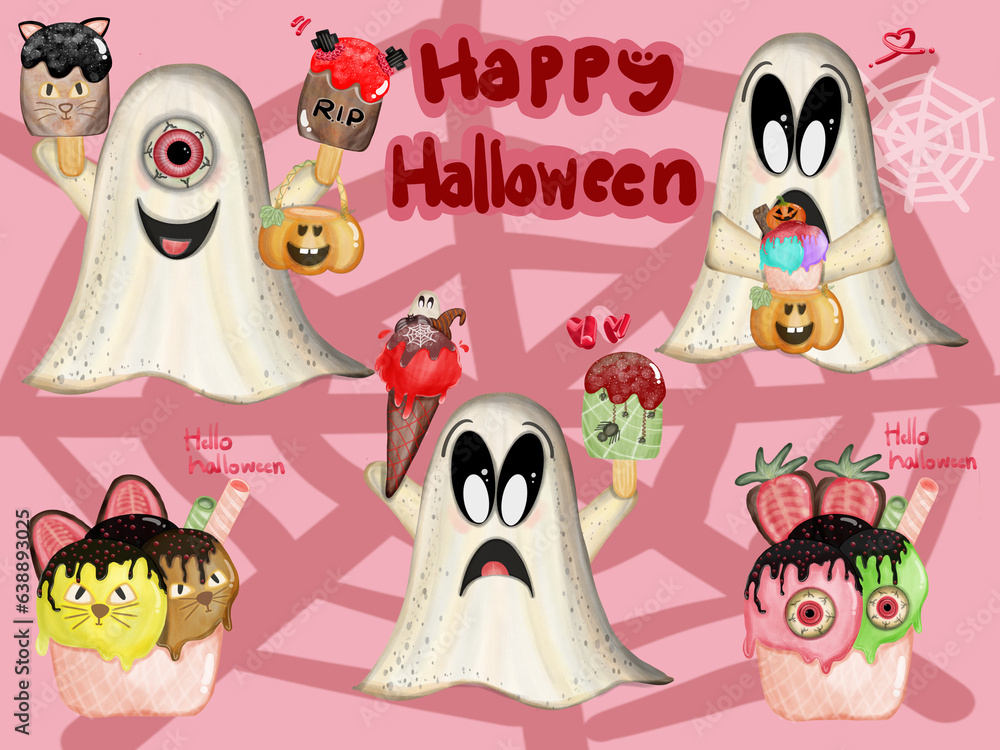 Halloween cartoon drawing There are little ghosts, ghost pumpkins, and ghost skulls in the background. Halloween cartoon drawing There are little ghosts, ghost pumpkins, and ghost skulls in the background.