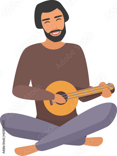 Medieval man playing guitar. Musician playing lute, medieval bard cartoon vector illustration