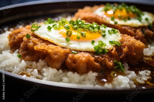 Katsudon, showcasing a close-up of tender pork cutlets immersed in an egg mixture, topped with chopped green onions, on a bed of hot steamed rice