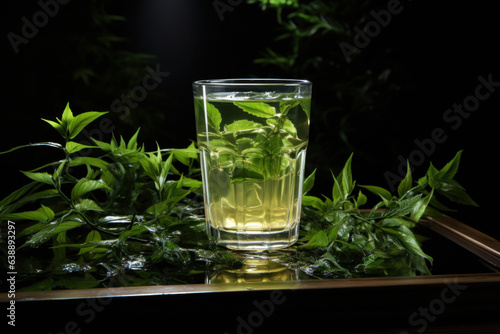 tropical tea filling the shape of an invisible glass, we do not see the glass, only its contents, on a black background, minimalistic advertising photo