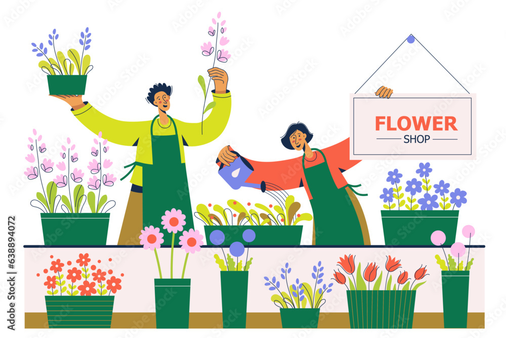 People work at florist shop or store. Woman and man sells flowers. Flower shop with flowers and plants in pots. - obrazy, fototapety, plakaty 