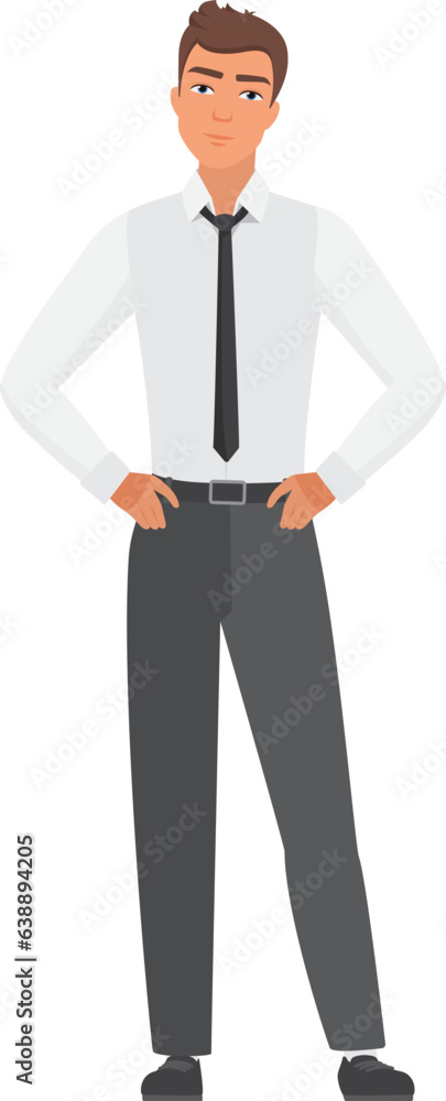 Office employee man with hands on hips. Confident business manager in standing pose vector illustration Office employee man with hands on hips. Confident business manager in standing pose vector illustration