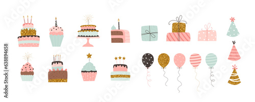 Happy birthday party elements collection. Cakes, balloons, gifts and party hats. Festive set in simple style, vector illustration