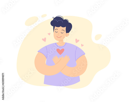 Self help concept. Young positive man with his hand on the chest with heart, gratitude and peace. Vector illustration in simple style