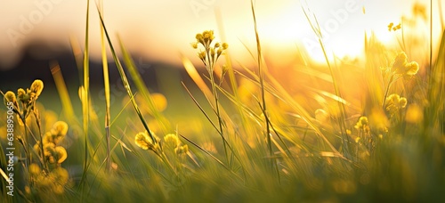 Close-up of fresh flowers and green grass in meadow during golden hour. Concept of vibrant spring season and outdoor beauty.