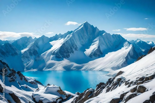 a majestic mountain range with snow-capped peaks and a clear blue sky