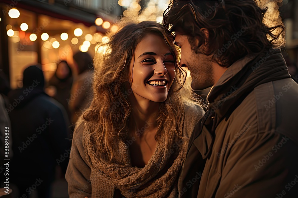 Instant of affection: People smile and embrace under the golden light of dusk., generative IA