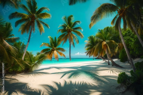 a tropical paradise with palm trees  white sandy beaches  and turquoise waters