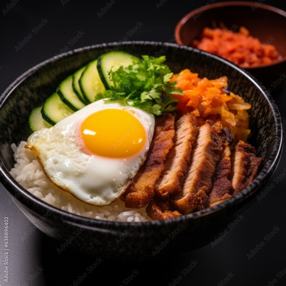 Breaded and deep-fried pork cutlet rice bowl showcasing the beautifully arranged ingredients on a dark, textured surface Breaded and deep-fried pork cutlet rice bowl showcasing the beautifully arranged ingredients on a dark, textured surface