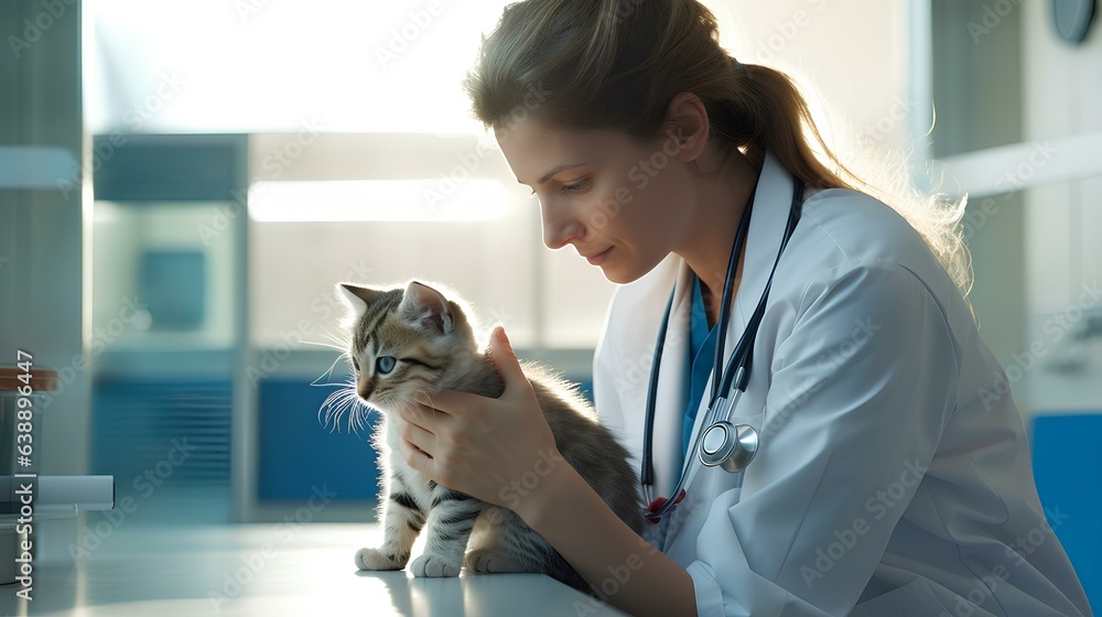 A female veterinarian examines a kitten. A female veterinarian examines a kitten.