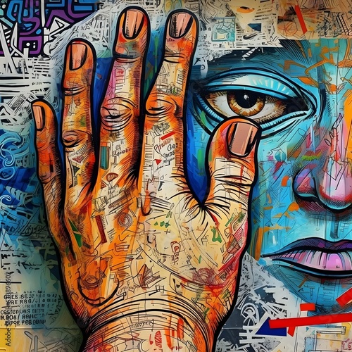 a hand and face painted on a wall