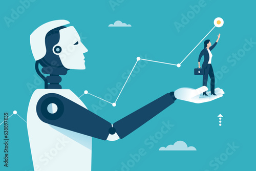 Artificial intelligence helps human to achieve a goal. Vector illustration.