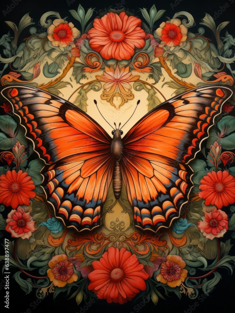 Symmetrical Butterfly: Flowers Background Symmetrical Butterfly: Flowers Background