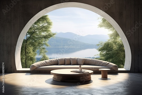 Captivating product podium in expansive concrete room with nature-framed circular window.