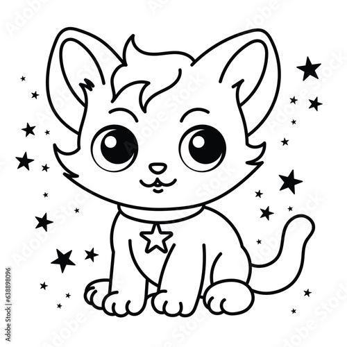 Cute cat coloring page for kids. Cartoon fluffy cat illustration.