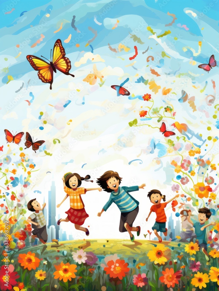 Children Chasing Colorful Butterflies in the Garden