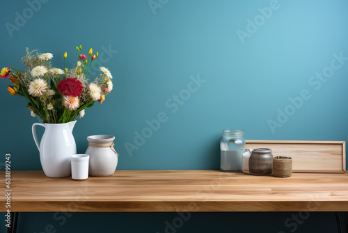 Close-up auf einen Küchentisch mit Freiraum für eine Produktpräsentation. Blauer Hintergrund mit Textfreiraum. 
