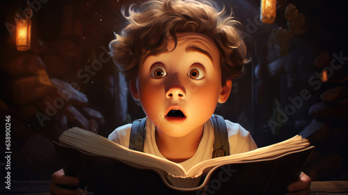 A little boy reading a book with a surprised expression.