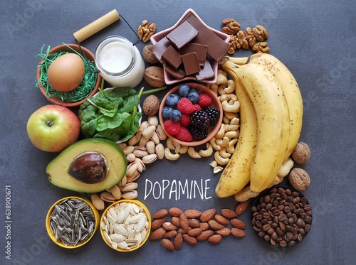 Dopamine-boosting foods. Assortment of food for good mood, happiness, better memory and positive mind. Healthy foods that may help boost dopamine. Natural sources of hormone dopamine. Brain super food
