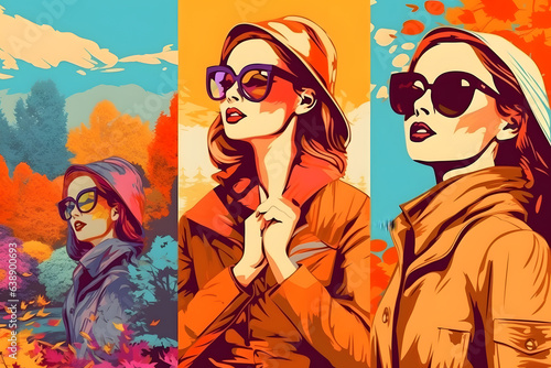 Autumn vacation  pop-art style photo collage of beautiful young women. Generative AI