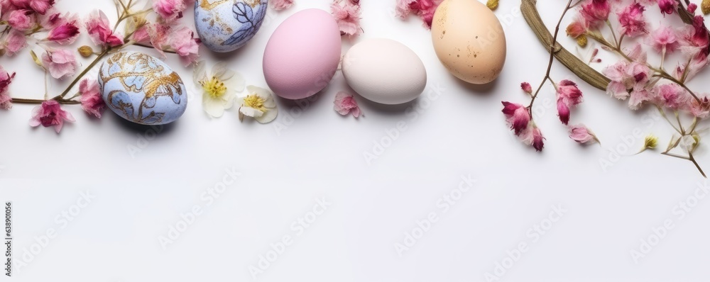 Colorful easter eggs in nest with flowers on bright marble white table Colorful easter eggs in nest with flowers on bright marble white table