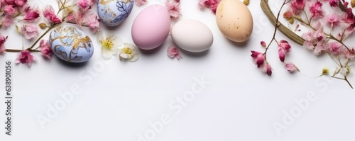 Colorful easter eggs in nest with flowers on bright marble white table