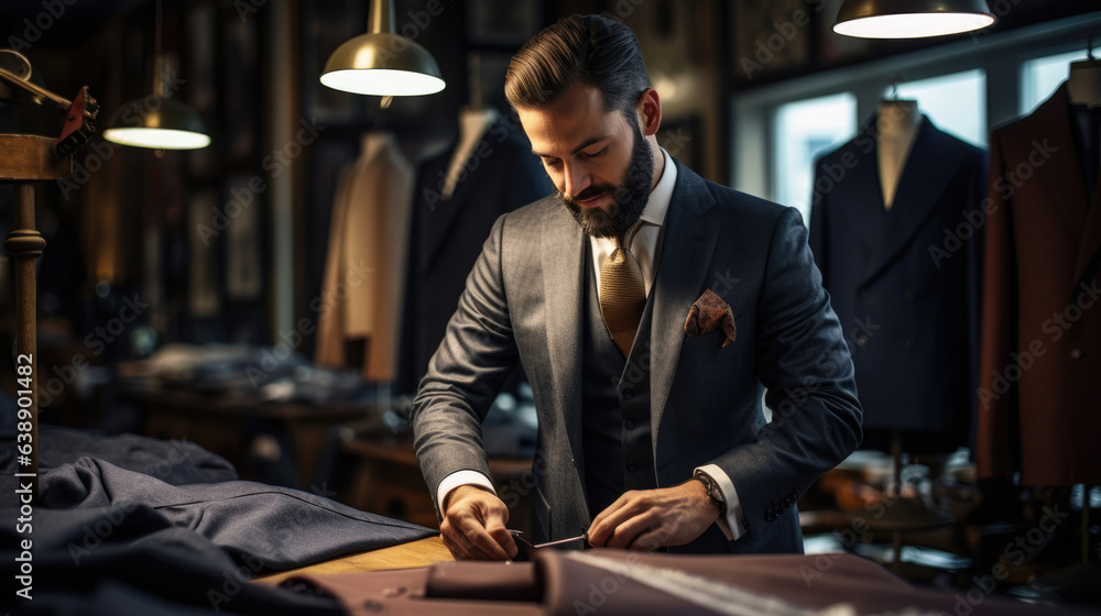A men's suit tailor, making adjustments to a suit or men's coat. Well dressed gentleman, of a custom tailored suit shop. bespoke formal clothing. A men's suit tailor, making adjustments to a suit or men's coat. Well dressed gentleman, of a custom tailored suit shop. bespoke formal clothing.