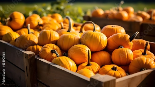 pumpkins in a wooden box on a pumpkin patch farm fall autumn season, AI Generative