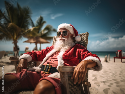 Fototapeta Naklejka Na Ścianę i Meble -  Santa Claus taking a break on tropical beach, Generative AI illustration