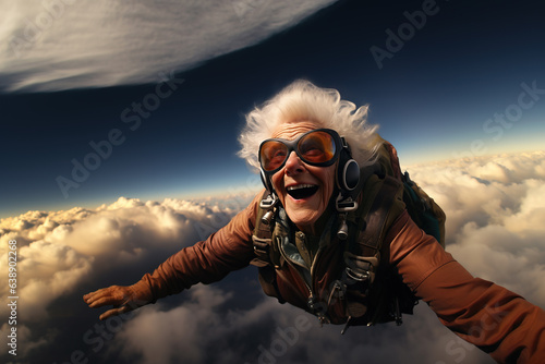 Crazy old woman practicing sky diving , Generative AI illustration