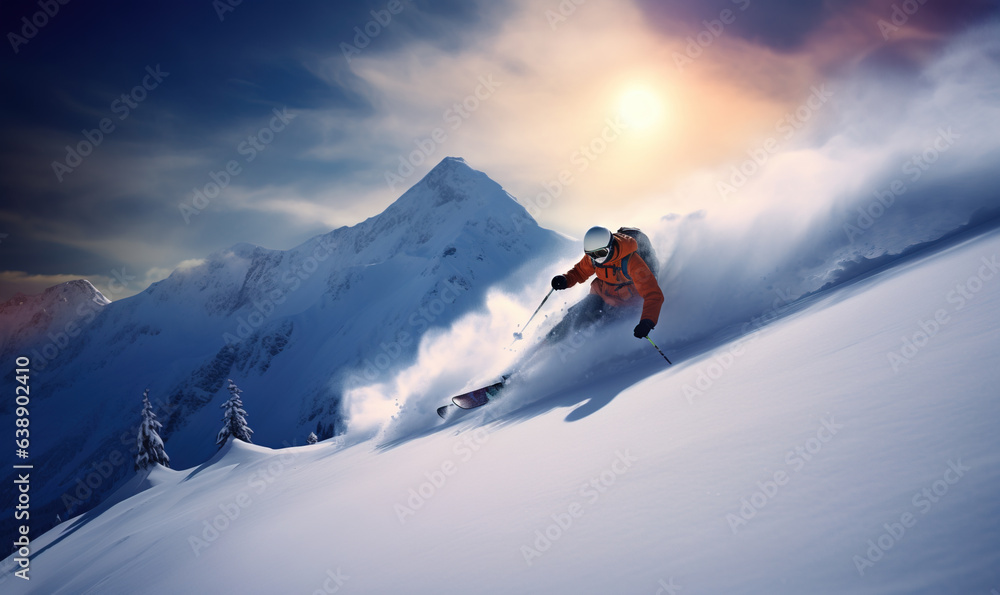 Extreme ski in powder snow, Generative Ai illustration