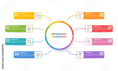 8 process infographic design template. diagram, annual report, business presentation, and organization. Vector illustration.