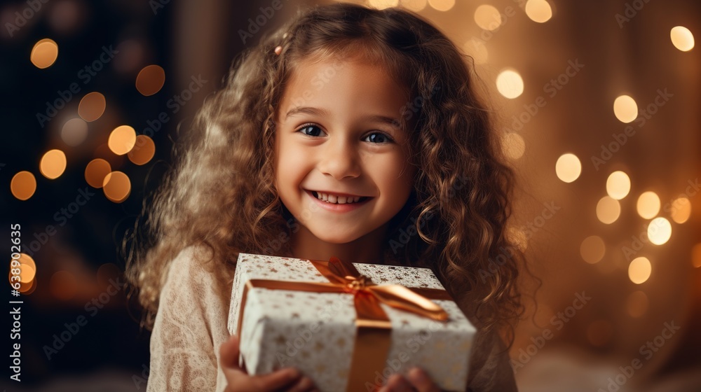 Portrait of a cute Smiling, cheerful and happy little girl near a decorated Christmas and New Year tree at home holding a gift box. ai design Portrait of a cute Smiling, cheerful and happy little girl near a decorated Christmas and New Year tree at home holding a gift box. ai design