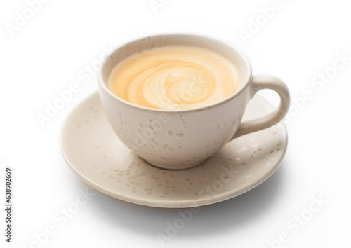 Fresh hot creamy coffee in light porcelain cup on white background.