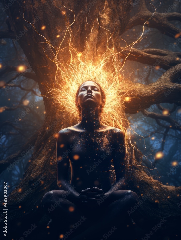 Woman Meditating With Glowing Light Woman Meditating With Glowing Light