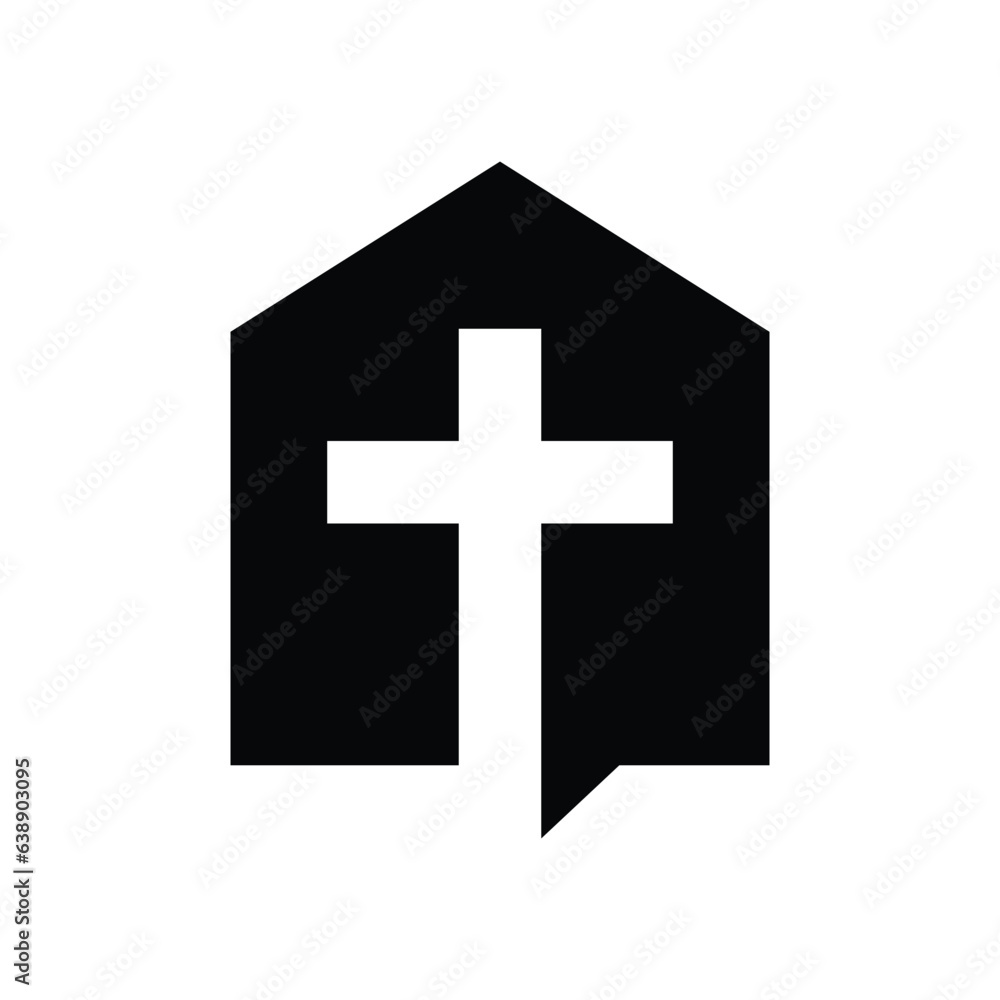Obraz premium Church logo with cross and house design vector illustration isolated on white background. Modern logo template with christian church building line art. House of charity. Christian icon.