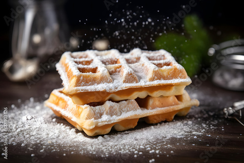 Waffles with Powdered Sugar, crisp waffles dusted with sweet snow photo