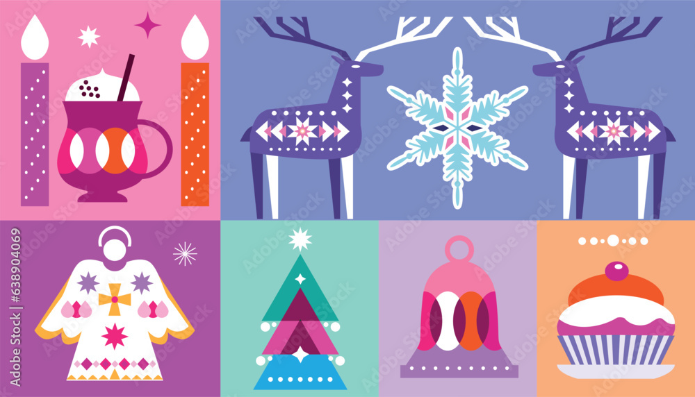 Fototapeta premium Merry Christmas and Happy New Year Christmas decoration Holiday winter background Vintage template design with deer, tree, ball-toy, snowflake, Vector illustration